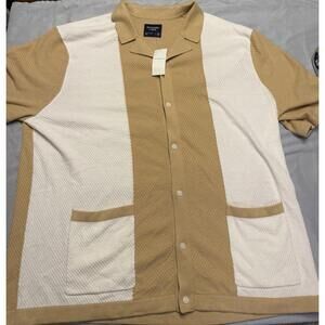 Abercrombie & Fitch Men's Tan Cream Crochet Knit Short Sleeve Button-Up XXL
